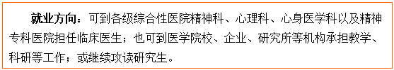 文本框: 就业方向:可到各级综合性医院精神科、心理科、心身医学科以及精神专科医院担任临床医生;也可到医裸舞
校、企业、研究所等机构承担教学、科研等工作;或继续攻读研究生。